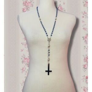 Handmade Inverted Cross Blue Rosary Necklace